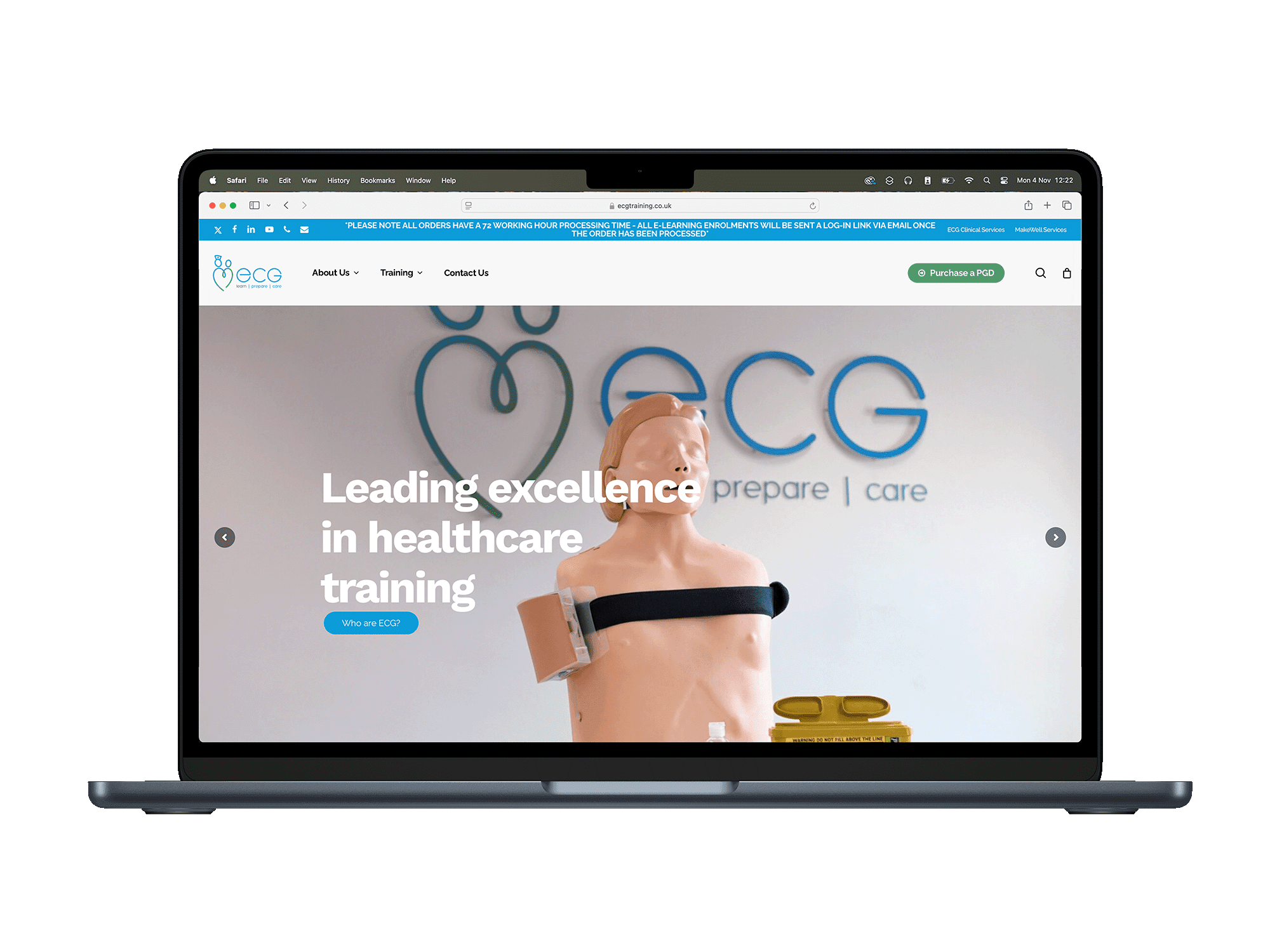 Laptop displaying healthcare training website homepage.