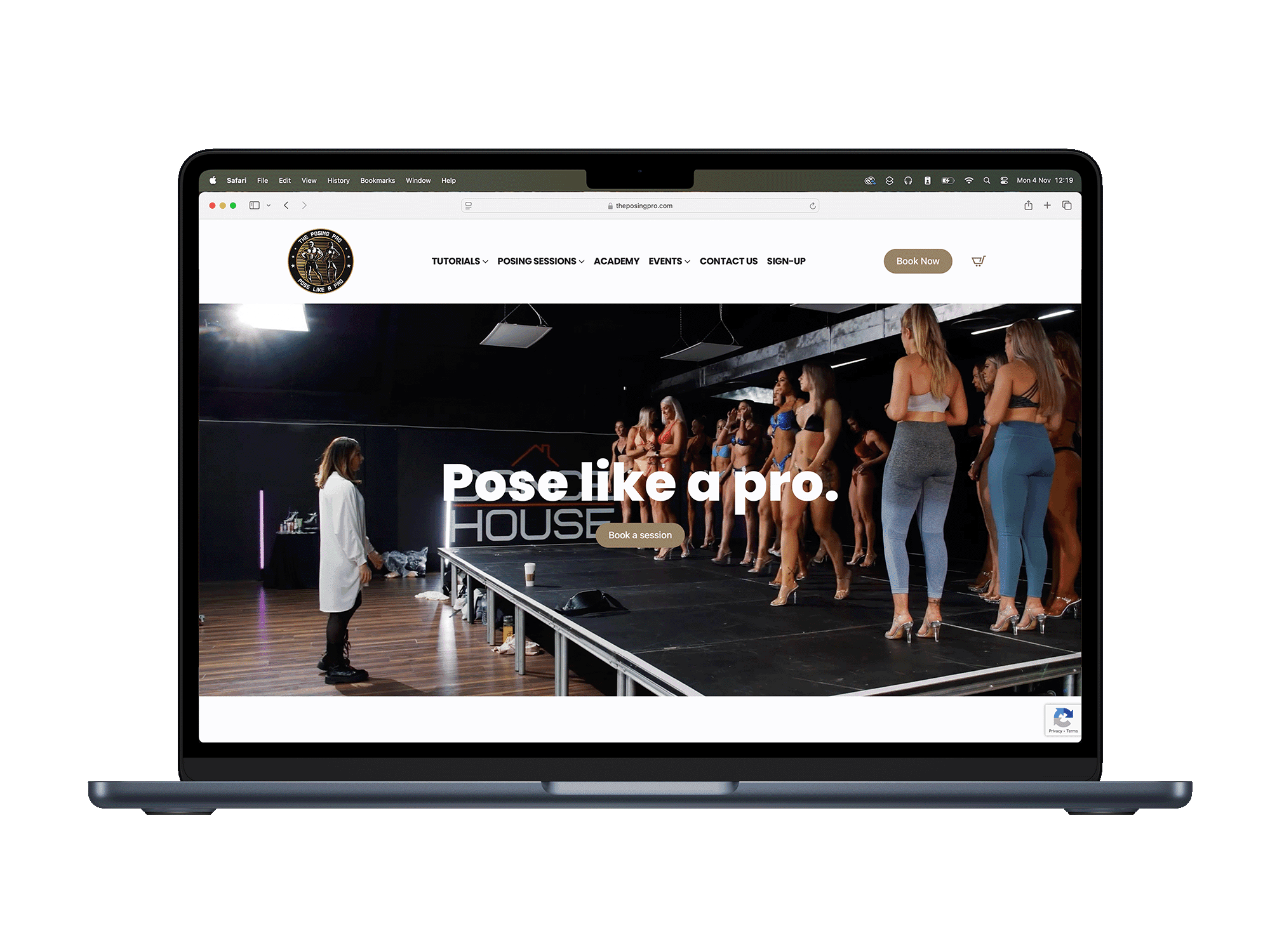 Online posing tutorial website homepage on laptop screen.