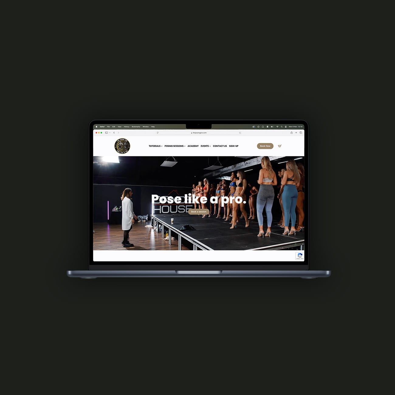 Laptop displaying pose training website homepage.