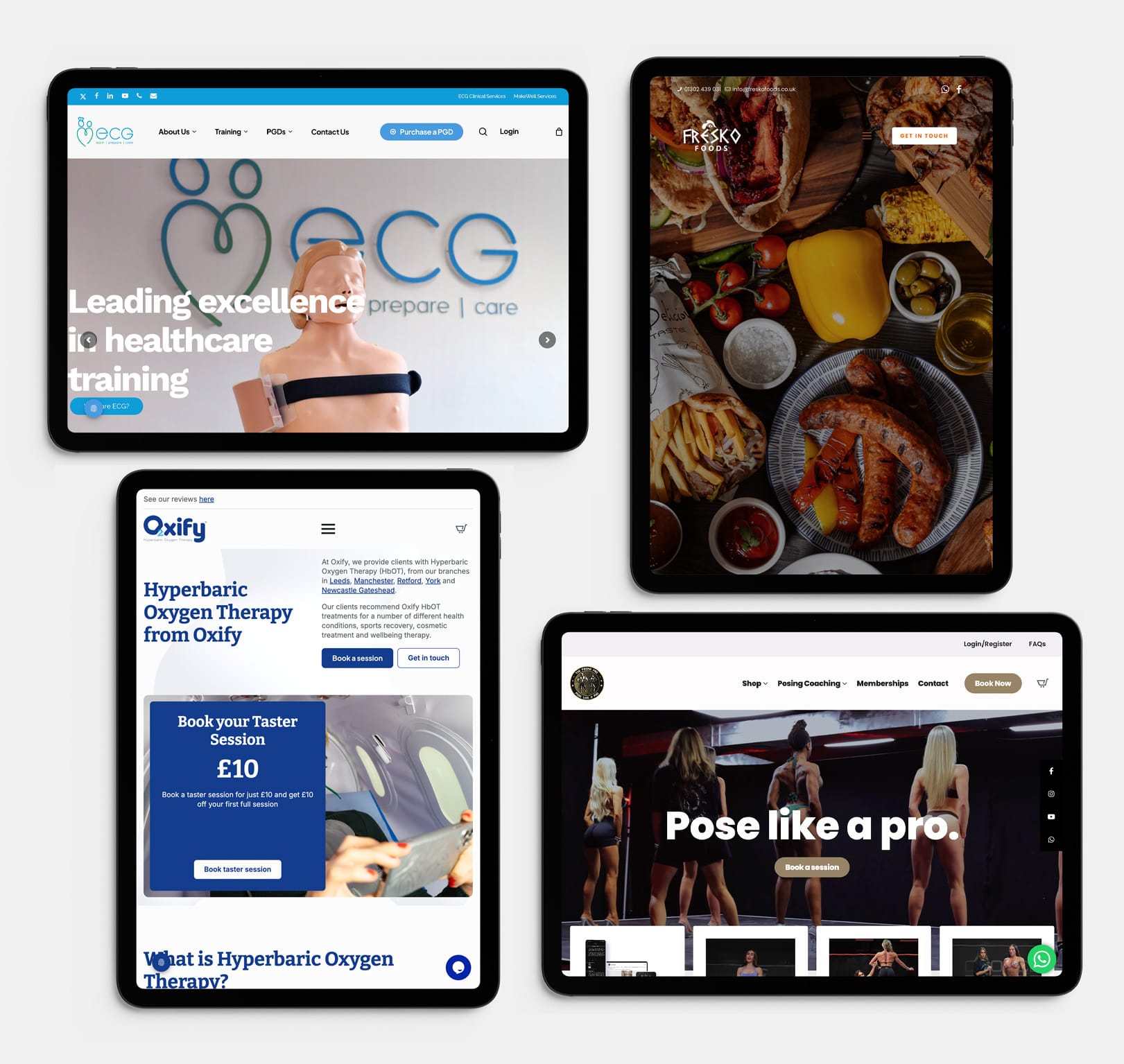 Four diverse website landing pages displayed on tablets.