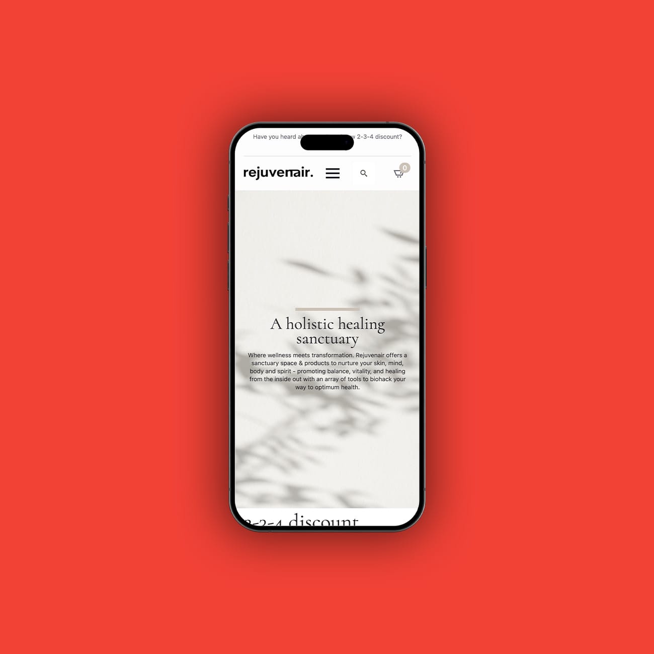 Mobile view of Rejuvenair holistic healing website.