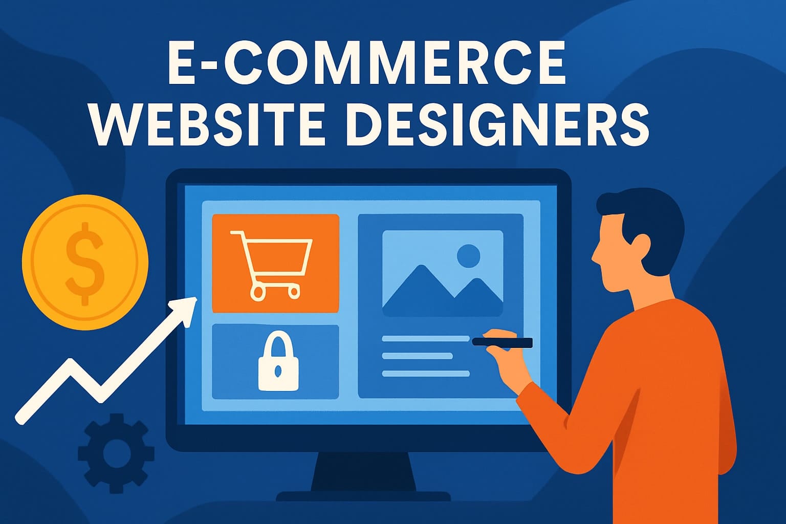 E-commerce website design illustration with icons and person.