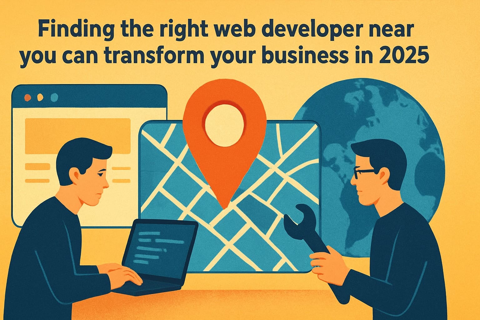 Web development illustration with map and tools.