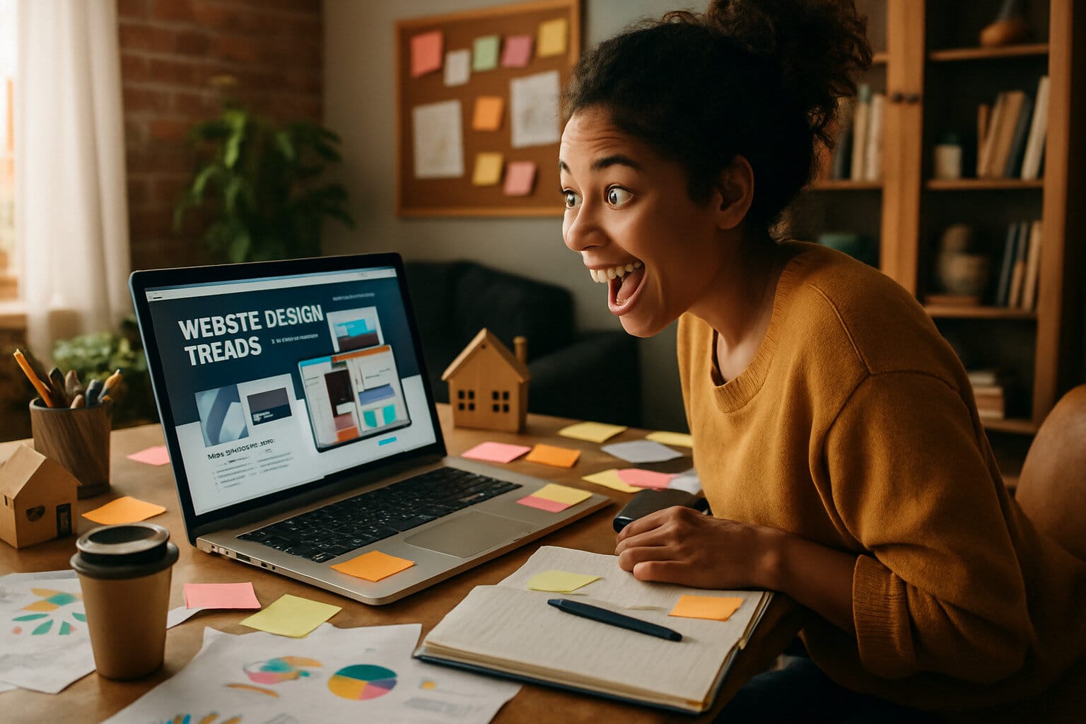 Excited woman at laptop researching web design trends.