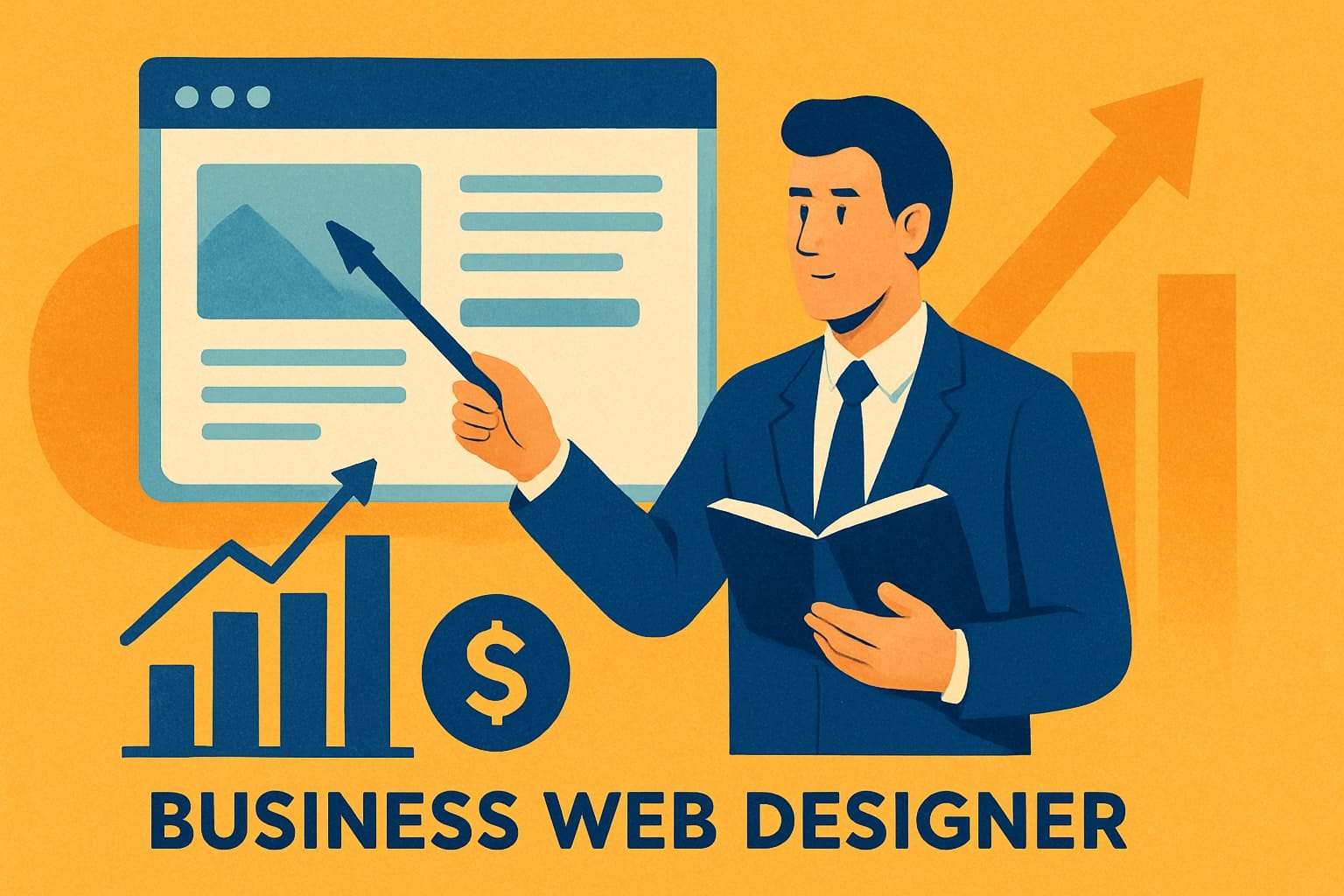 Illustration of business web designer with graphs.