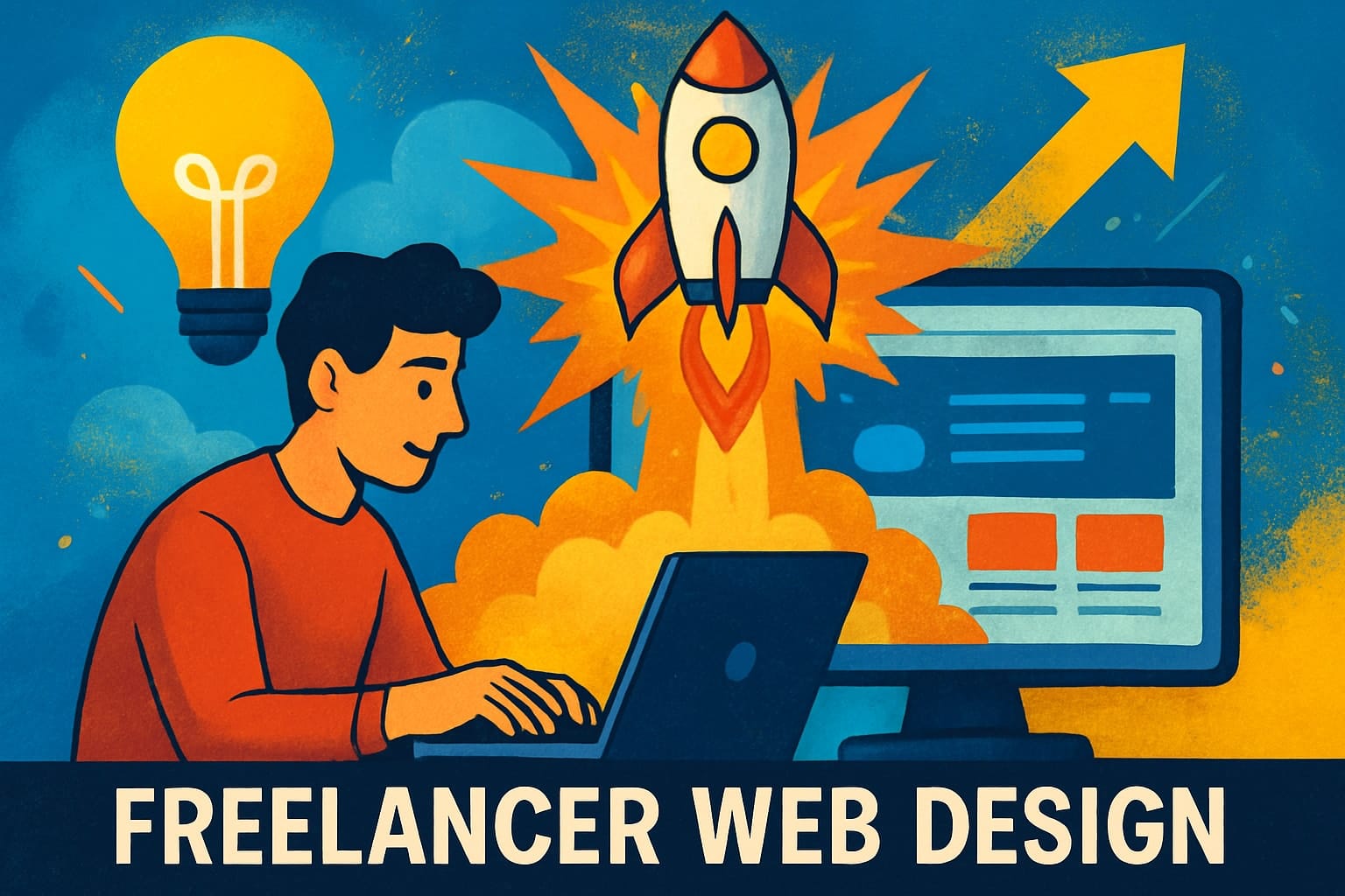 Freelancer designing website with laptop and rocket launch