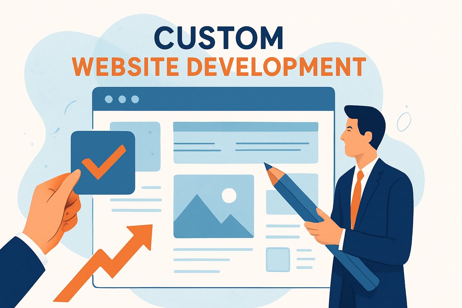 Custom website development illustration with growth chart.