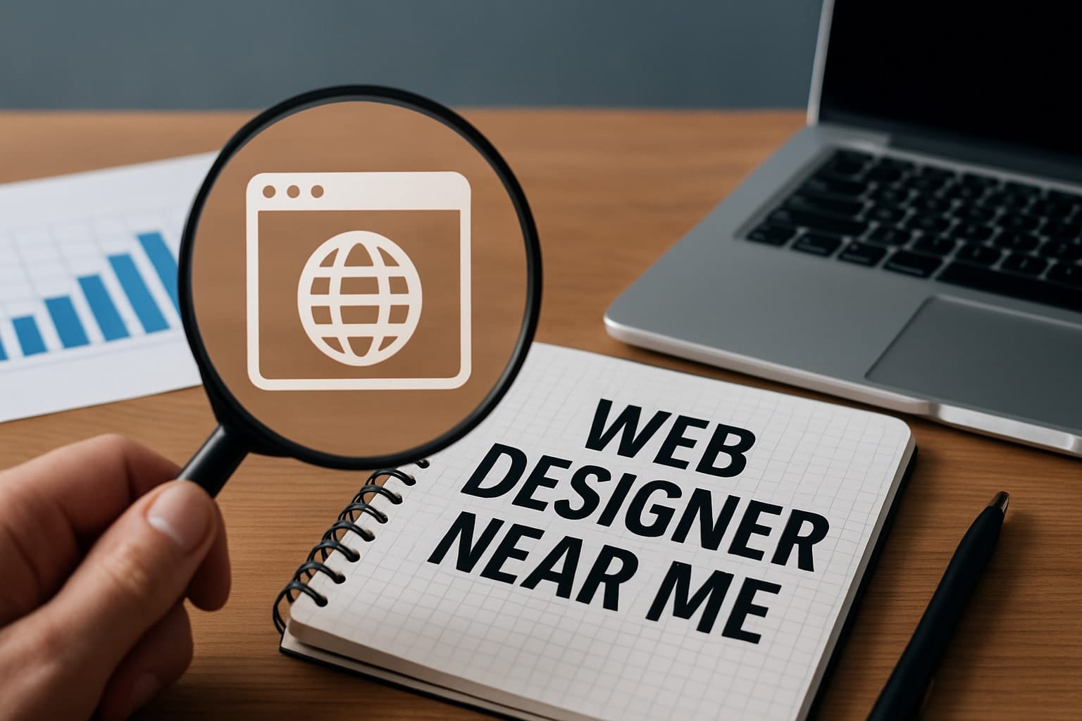 Web designer search with magnifying glass and laptop.