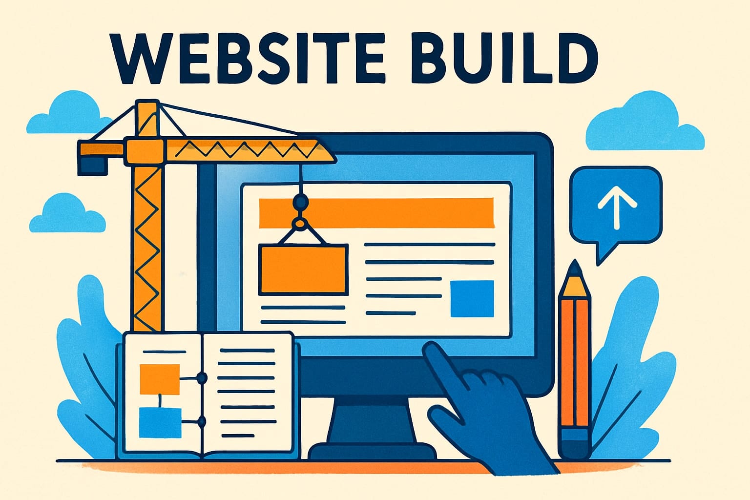 Website building illustration with crane and computer screen.