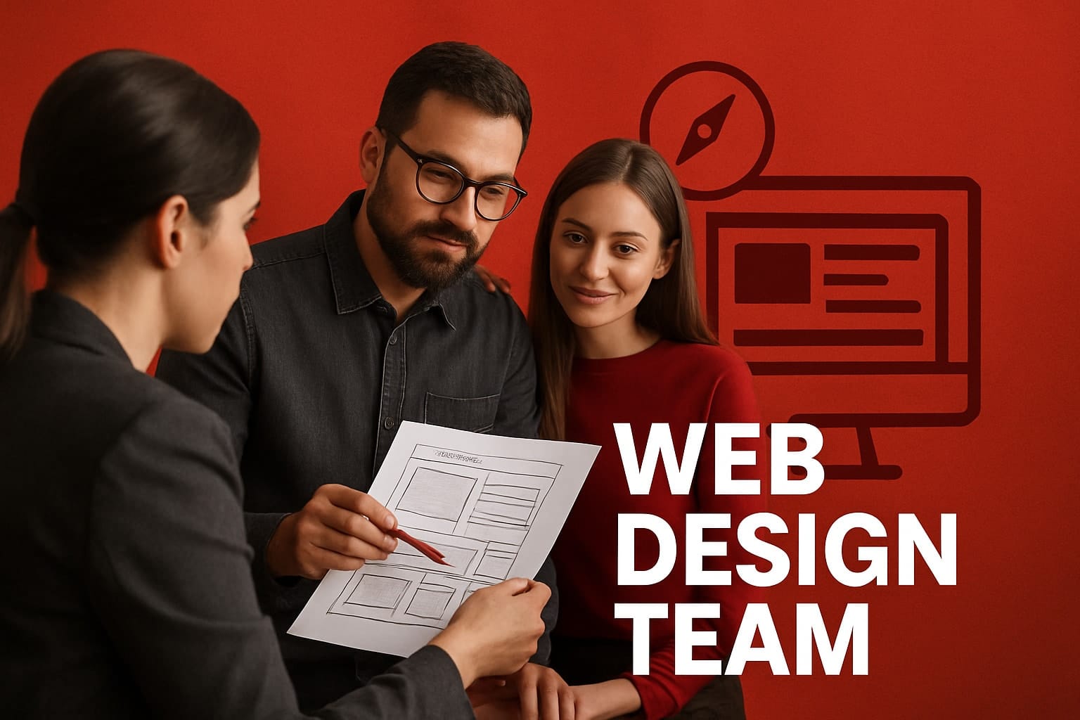 Web design team reviewing wireframe designs.