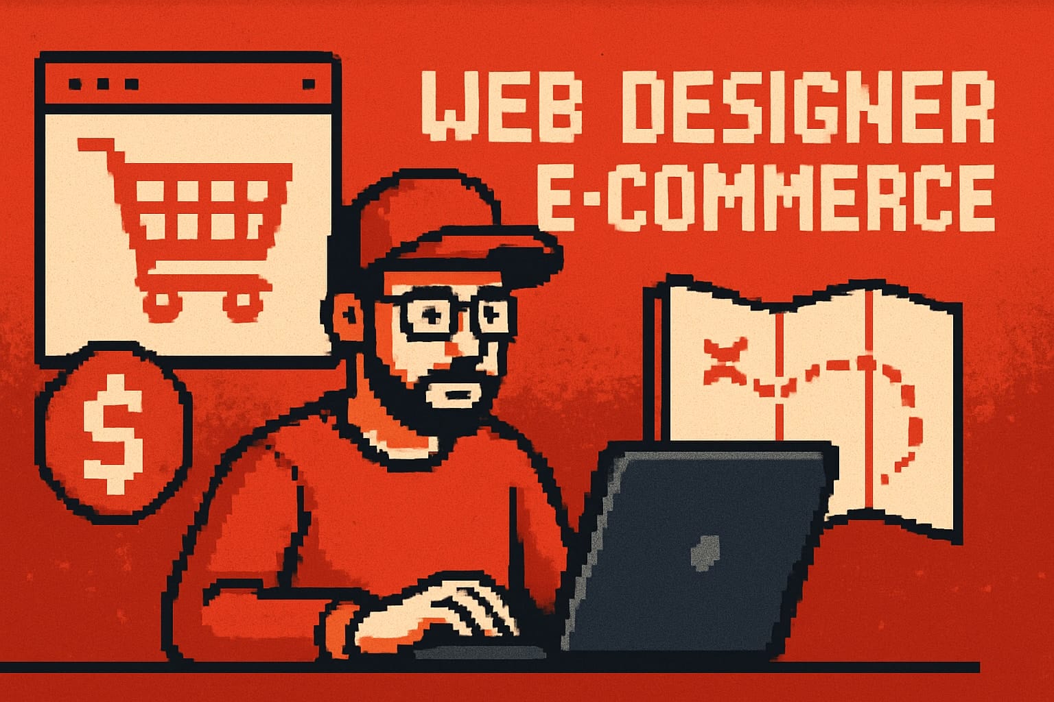 Pixel art of e-commerce web designer with laptop.