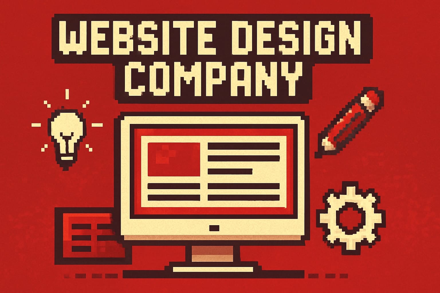 Pixel art of website design tools and symbols.