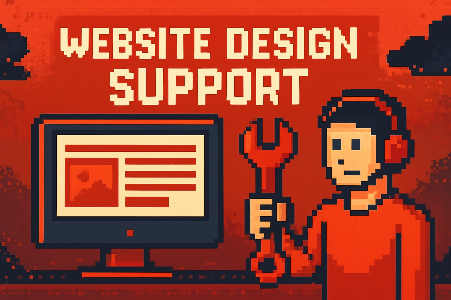 Pixel art of website design support with tools.