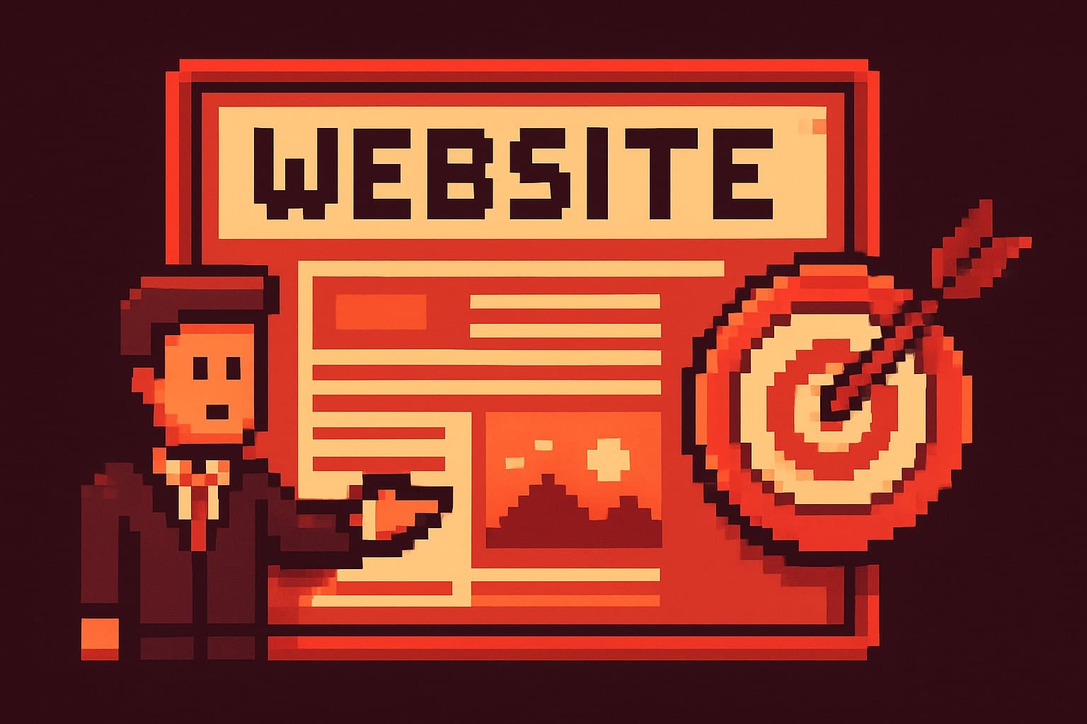 Pixel art of website with target and businessman.