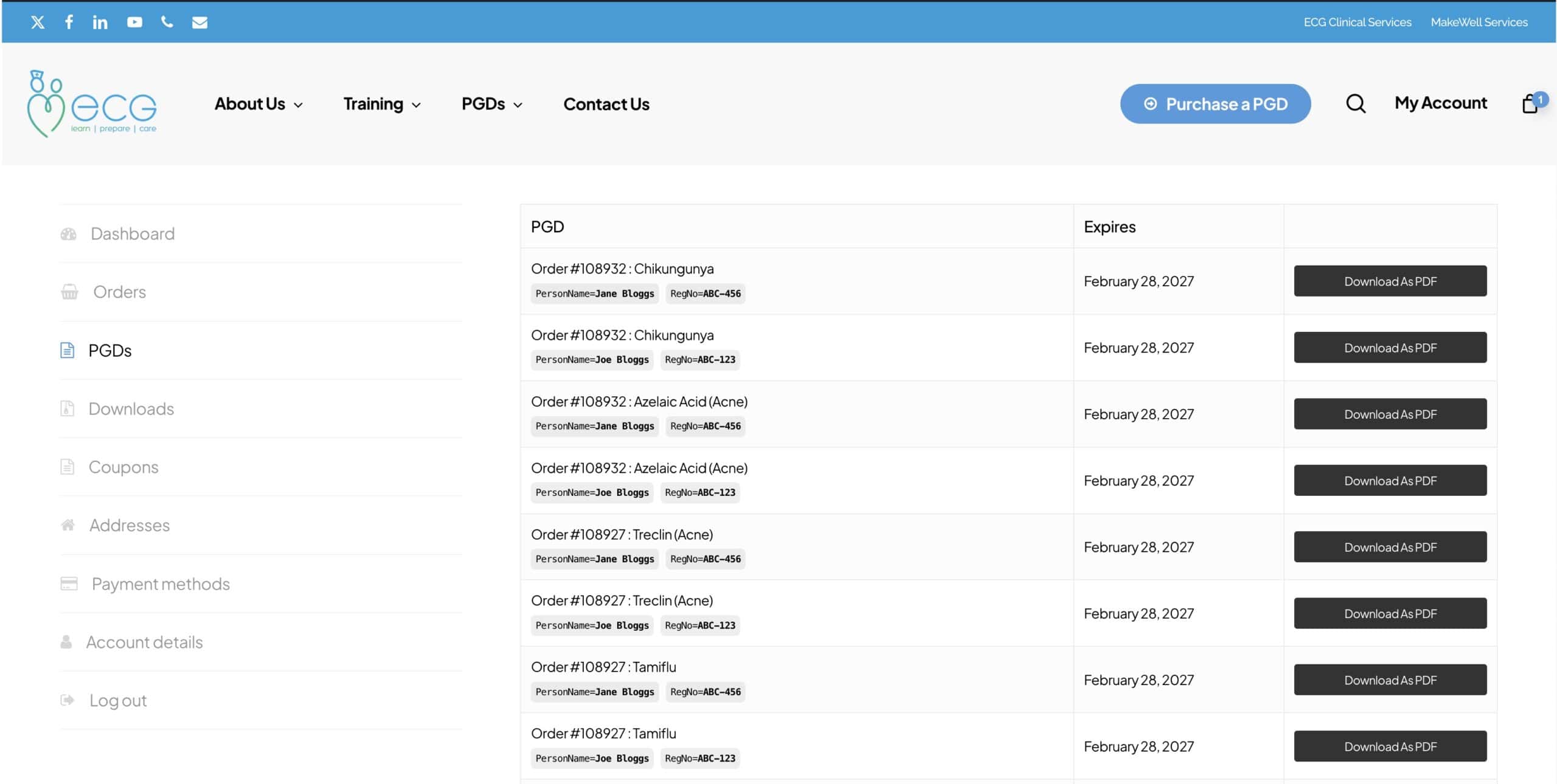 ECG Training PGD Docs customer account showing individually labelled PGDs with expiry dates and download buttons